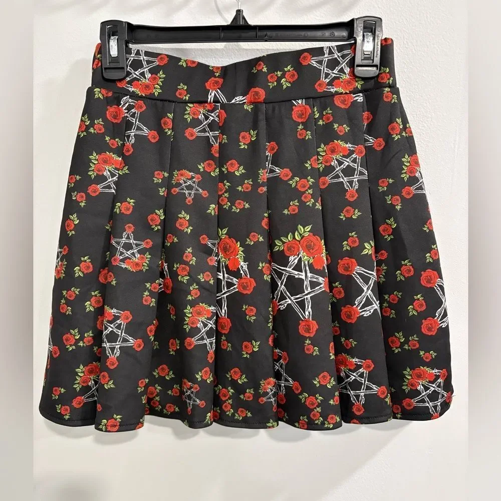 Elegant Black Skater Skirt with Red Rose Pentagram Floral Design